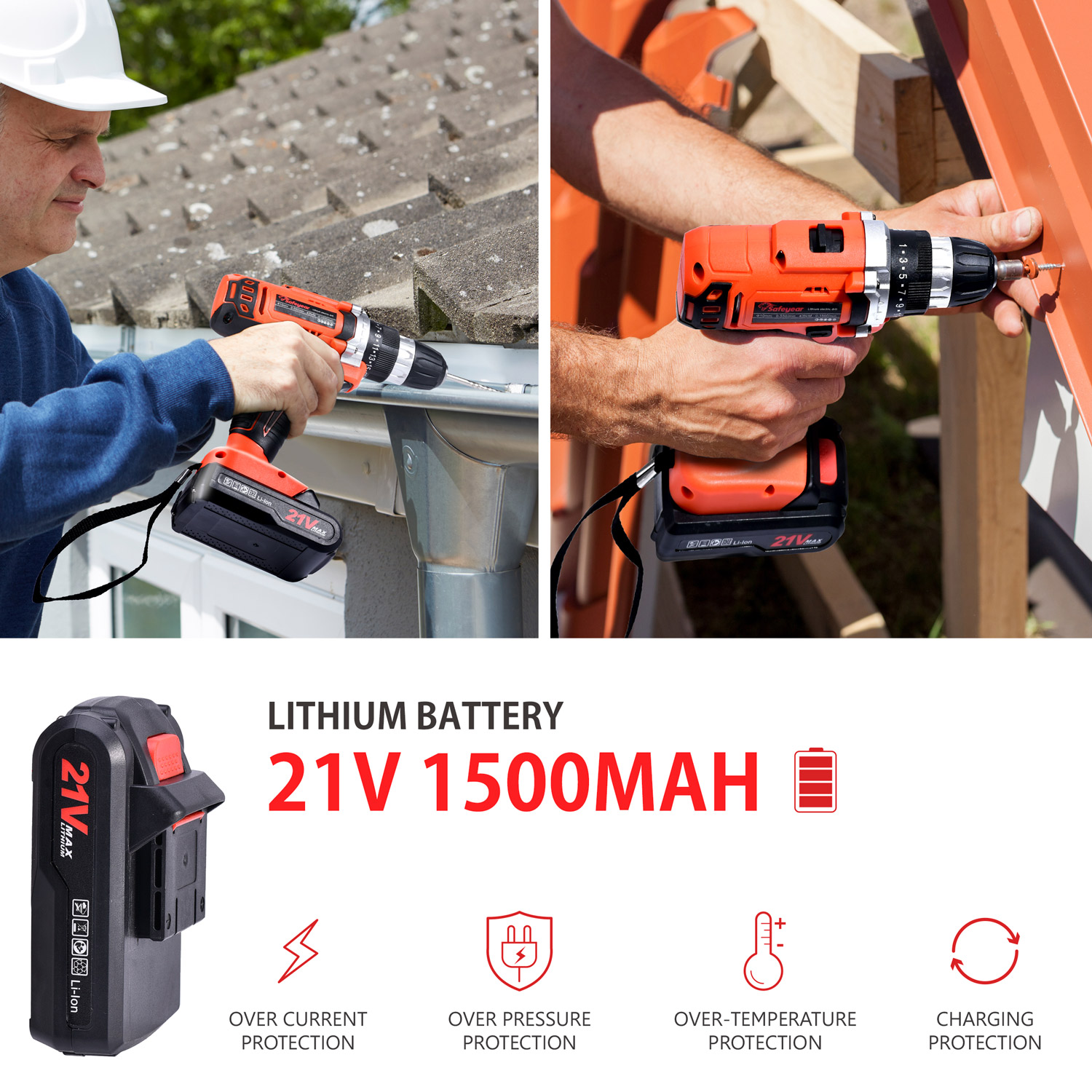 SAFEYEAR 43N.M Handheld Power Drills 21V 3/8in Cordless Drill Driver with Dual Battery Set and 58 PCs Drill Kit 