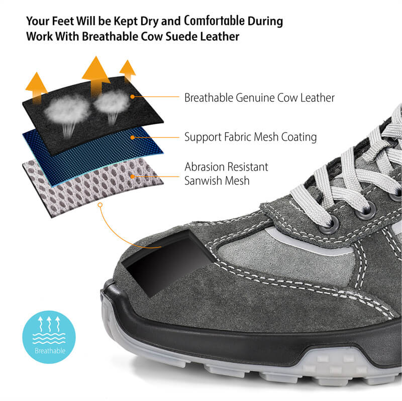 Antelope Gray Wide Fit Lightweight Breathable Leather Safety Shoes for Men & Women