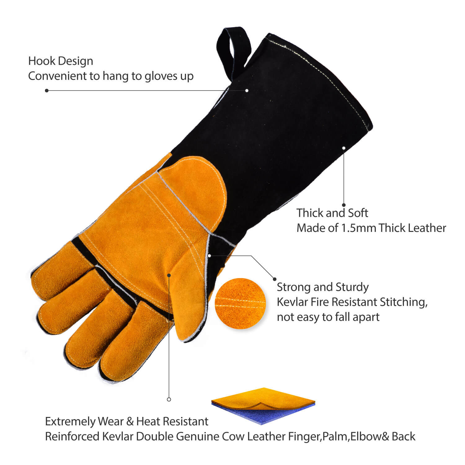 Safeyear Heat Resistant Leather Welding Gloves Forge Mig/Stick Gloves With Kevlar Stitching