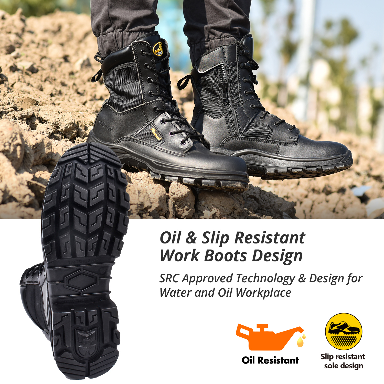 Safetoe 8" Military Zip Design Work Boots With Steel Toe