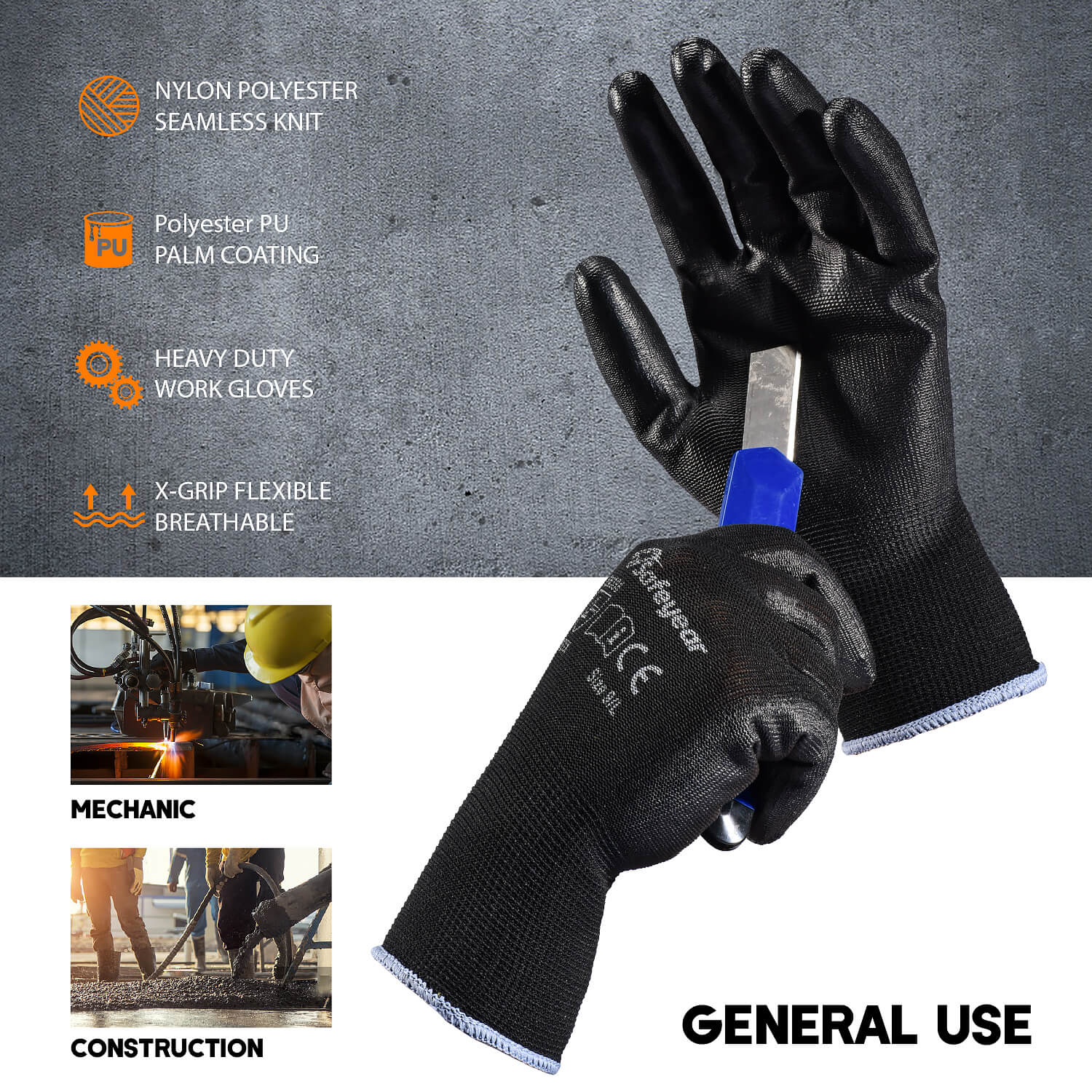 SAFEYEAR 12 Pairs Black Safety Gloves PU Coated Work Gloves for General Duty Work, Good Grip Gardening Gloves