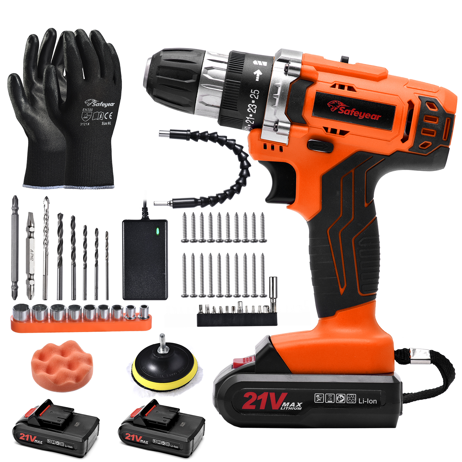 SAFEYEAR 43N.M Handheld Power Drills 21V 3/8in Cordless Drill Driver with Dual Battery Set and 58 PCs Drill Kit 