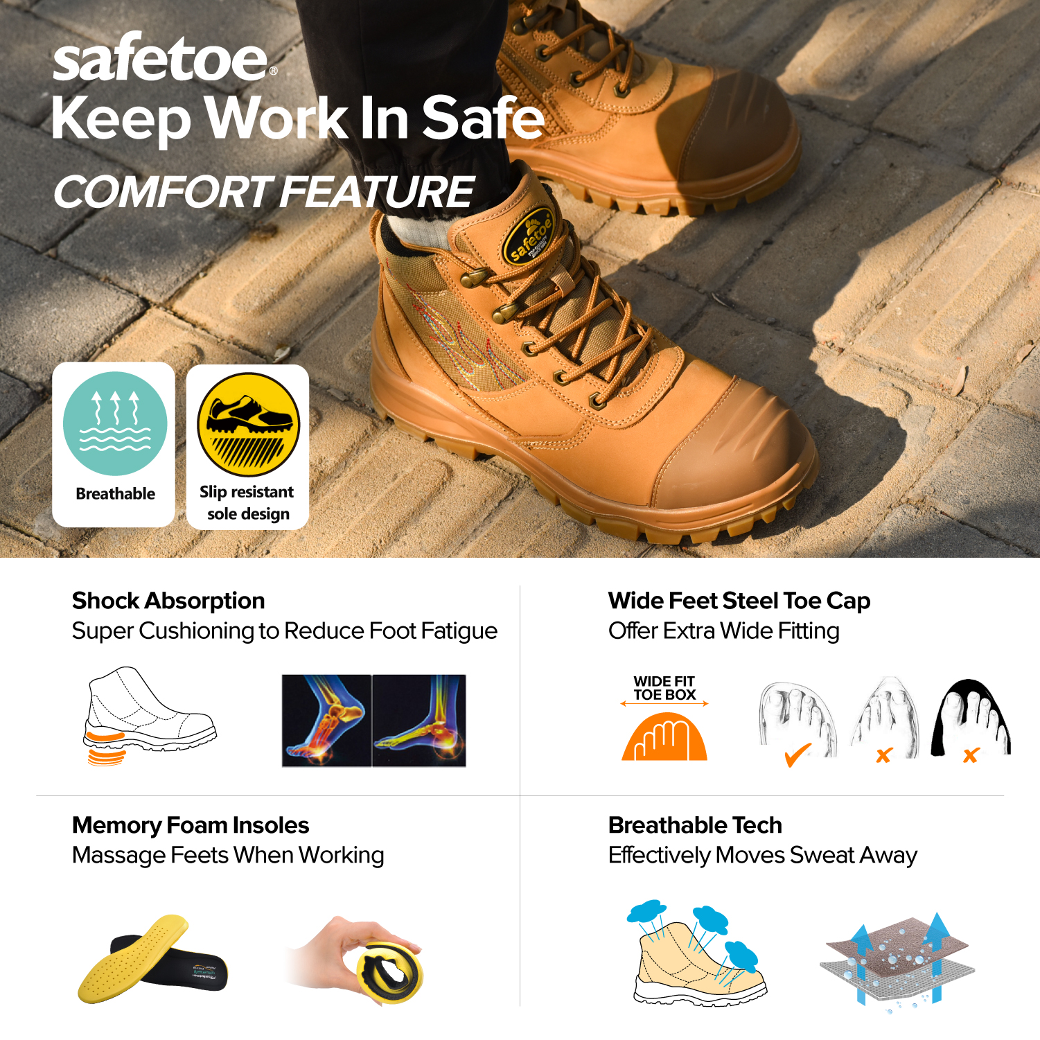 Safetoe Genuine Leather Men Safety Work Boots With Wide Fit Steel Toe