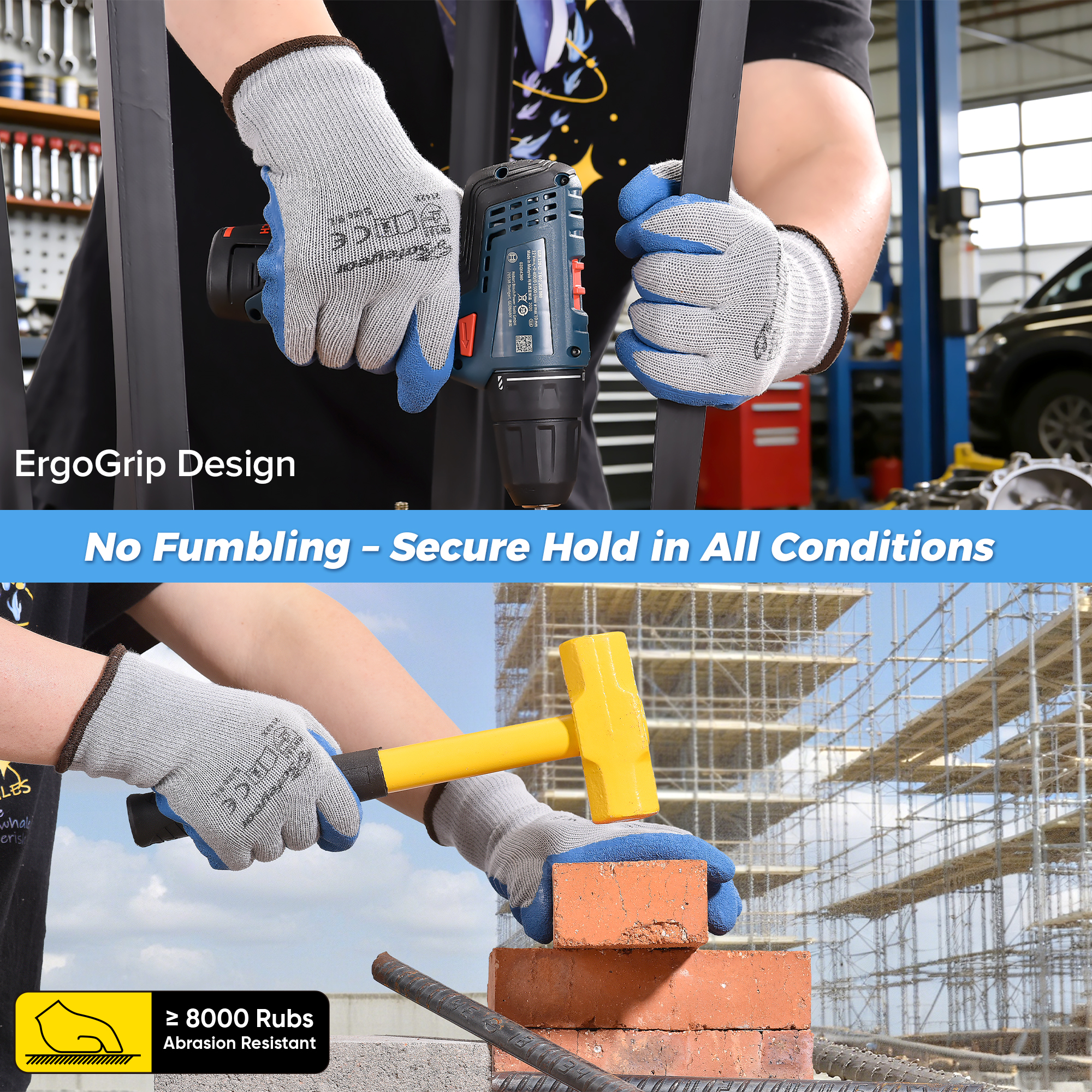 EU-SAFEYEAR LY3013 Latex Work Gloves 5 Pairs – Blue/Grey Anti-Slip, Abrasion Resistant (EN388) for Construction, Garden & Daily Work