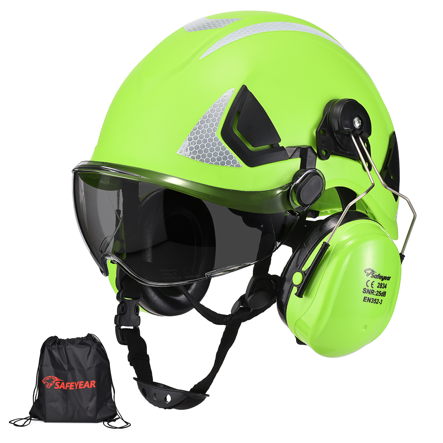 SAFEYEAR Safety Hard Hat with Anti-scratch Glasses, Earmuffs, CE EN397 Safety Helmets with Chin Strap Light Reflective Ventilated ABS Hard Hats for Industrial Workers 6-Point Suspension