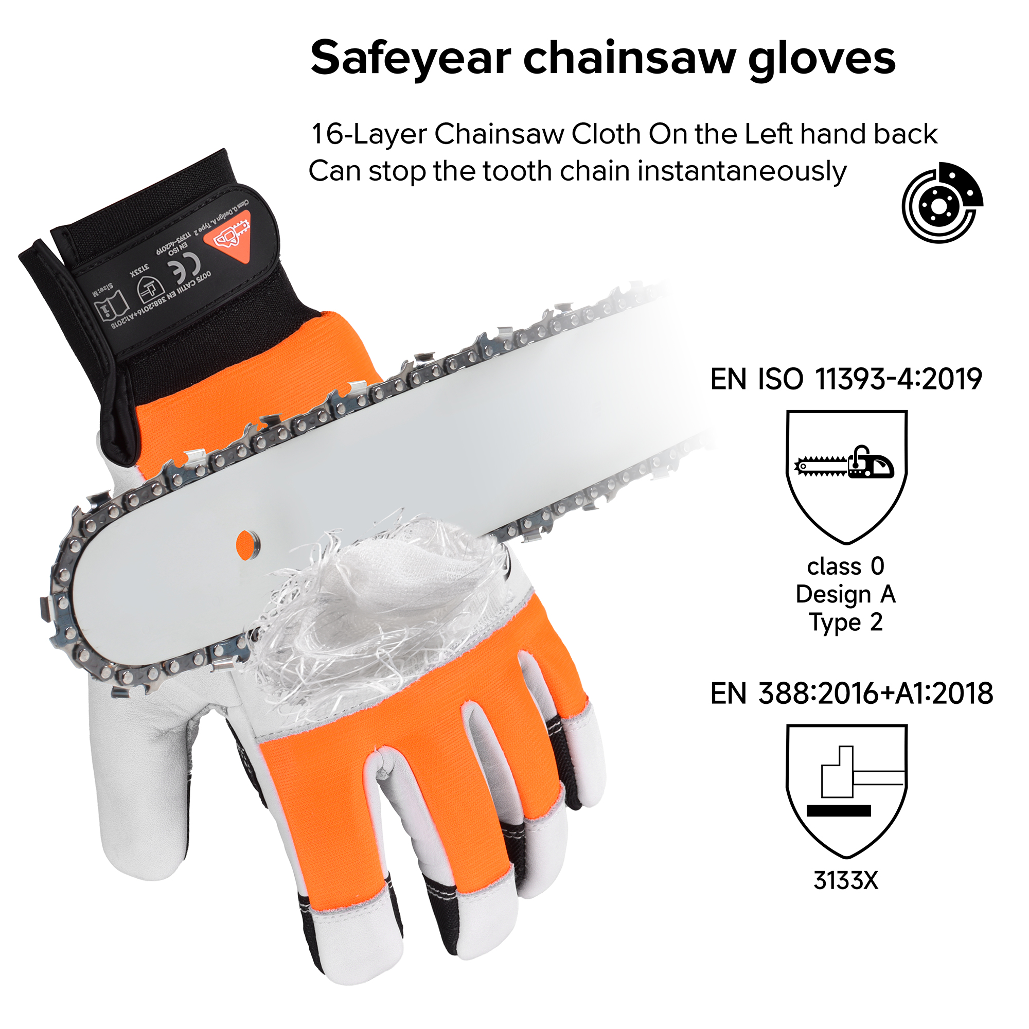 SAFEYEAR Chainsaw Gloves, Chainsaw Protection on Hand,Size L, White Cowhide Leather Palm & Back, PVC Reinforced Fingers & Palm, EVA Padding for Shock Absorption, Fluorescent Orange Reflective Back
