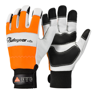 SAFEYEAR Chainsaw Gloves, Chainsaw Protection on Hand,Size L, White Cowhide Leather Palm & Back, PVC Reinforced Fingers & Palm, EVA Padding for Shock Absorption, Fluorescent Orange Reflective Back