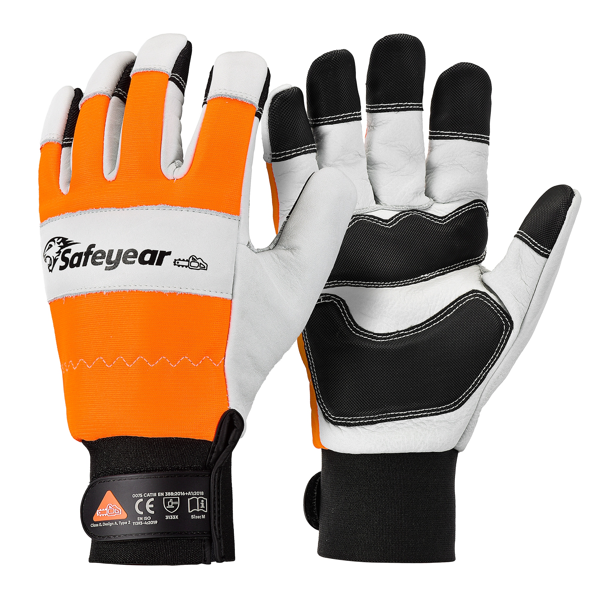 SAFEYEAR Chainsaw Gloves, Chainsaw Protection on Hand,Size L, White Cowhide Leather Palm & Back, PVC Reinforced Fingers & Palm, EVA Padding for Shock Absorption, Fluorescent Orange Reflective Back