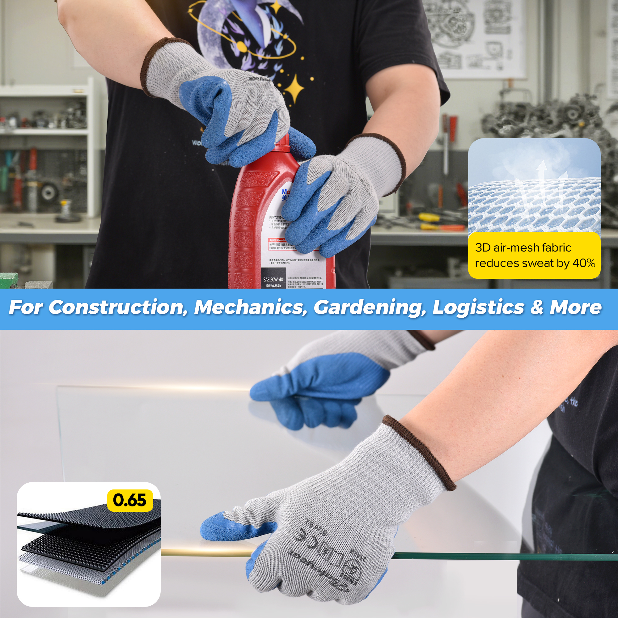 EU-SAFEYEAR LY3013 Latex Work Gloves 5 Pairs – Blue/Grey Anti-Slip, Abrasion Resistant (EN388) for Construction, Garden & Daily Work