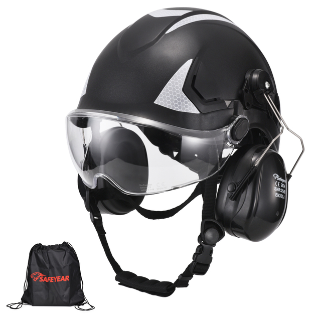SAFEYEAR Safety Hard Hat with Anti-scratch Glasses, Earmuffs, CE EN397 Safety Helmets with Chin Strap Light Reflective Ventilated ABS Hard Hats for Industrial Workers 6-Point Suspension