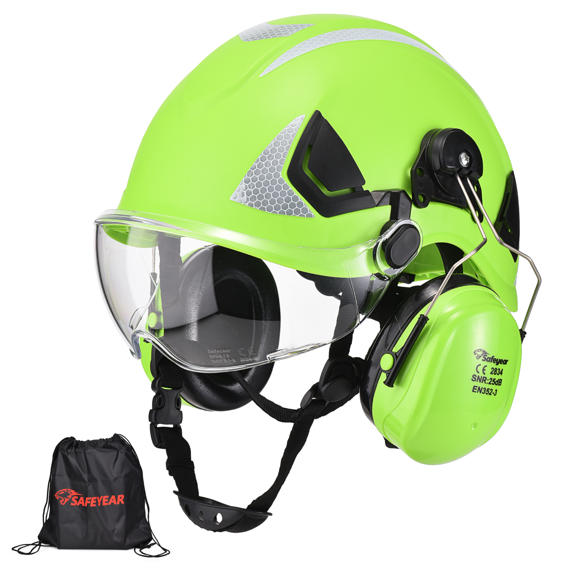 SAFEYEAR Safety Hard Hat with Anti-scratch Glasses, Earmuffs, CE EN397 Safety Helmets with Chin Strap Light Reflective Ventilated ABS Hard Hats for Industrial Workers 6-Point Suspension