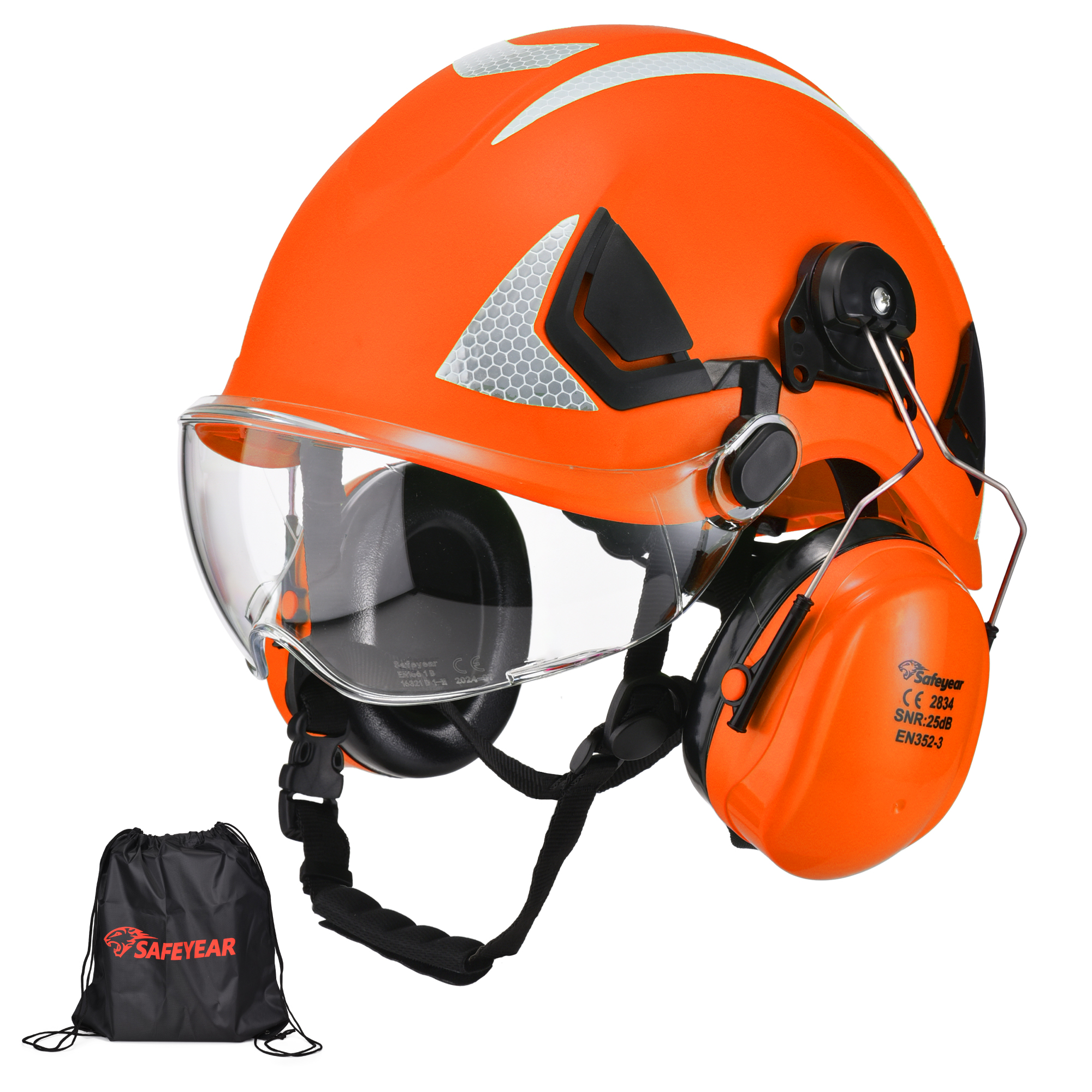 SAFEYEAR Safety Hard Hat with Anti-scratch Glasses, Earmuffs, CE EN397 Safety Helmets with Chin Strap Light Reflective Ventilated ABS Hard Hats for Industrial Workers 6-Point Suspension