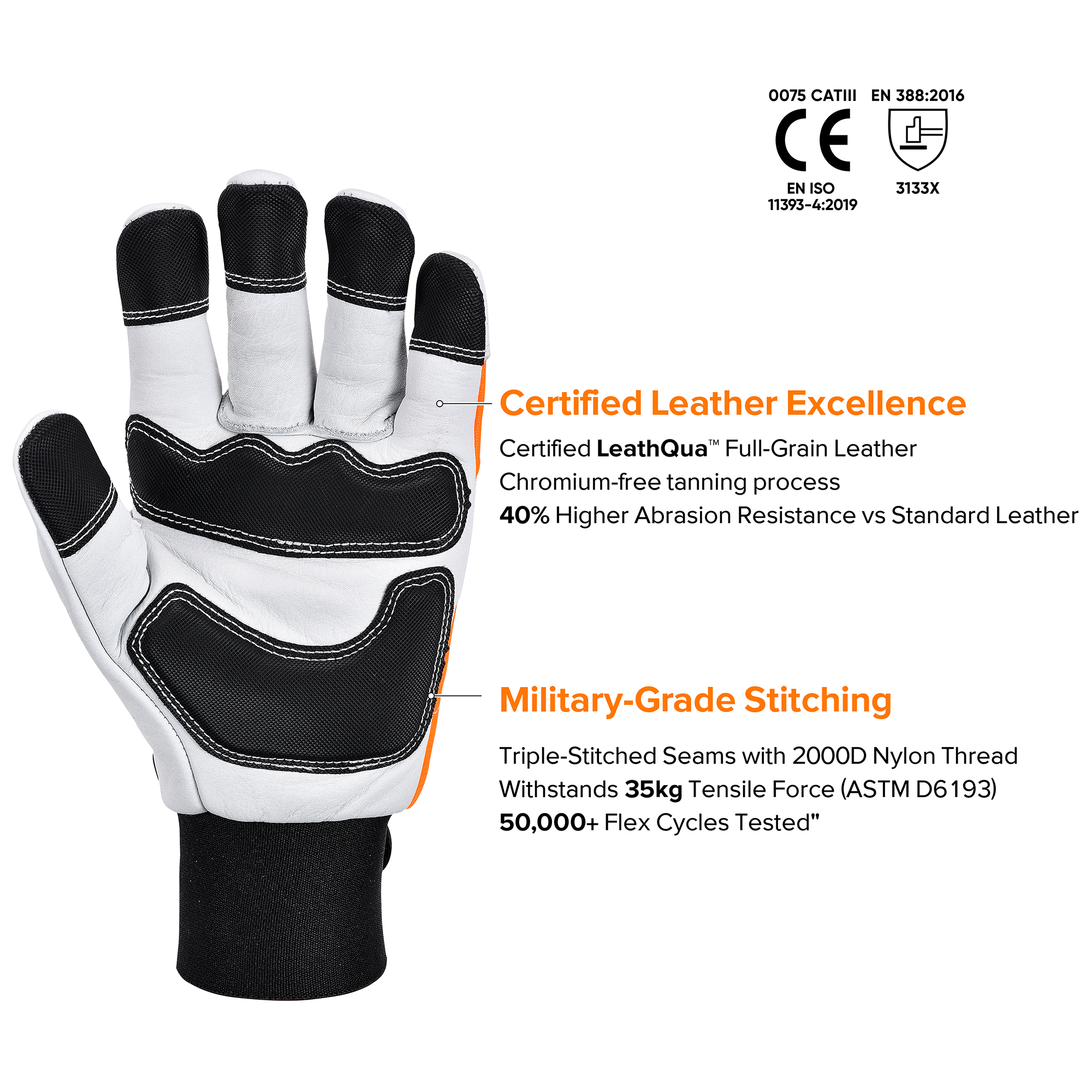 SAFEYEAR Chainsaw Gloves, Chainsaw Protection on Hand,Size L, White Cowhide Leather Palm & Back, PVC Reinforced Fingers & Palm, EVA Padding for Shock Absorption, Fluorescent Orange Reflective Back